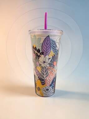 Vera Bradley Mod Palm Floral Double Wall 24oz Travel Tumbler with Pink Straw